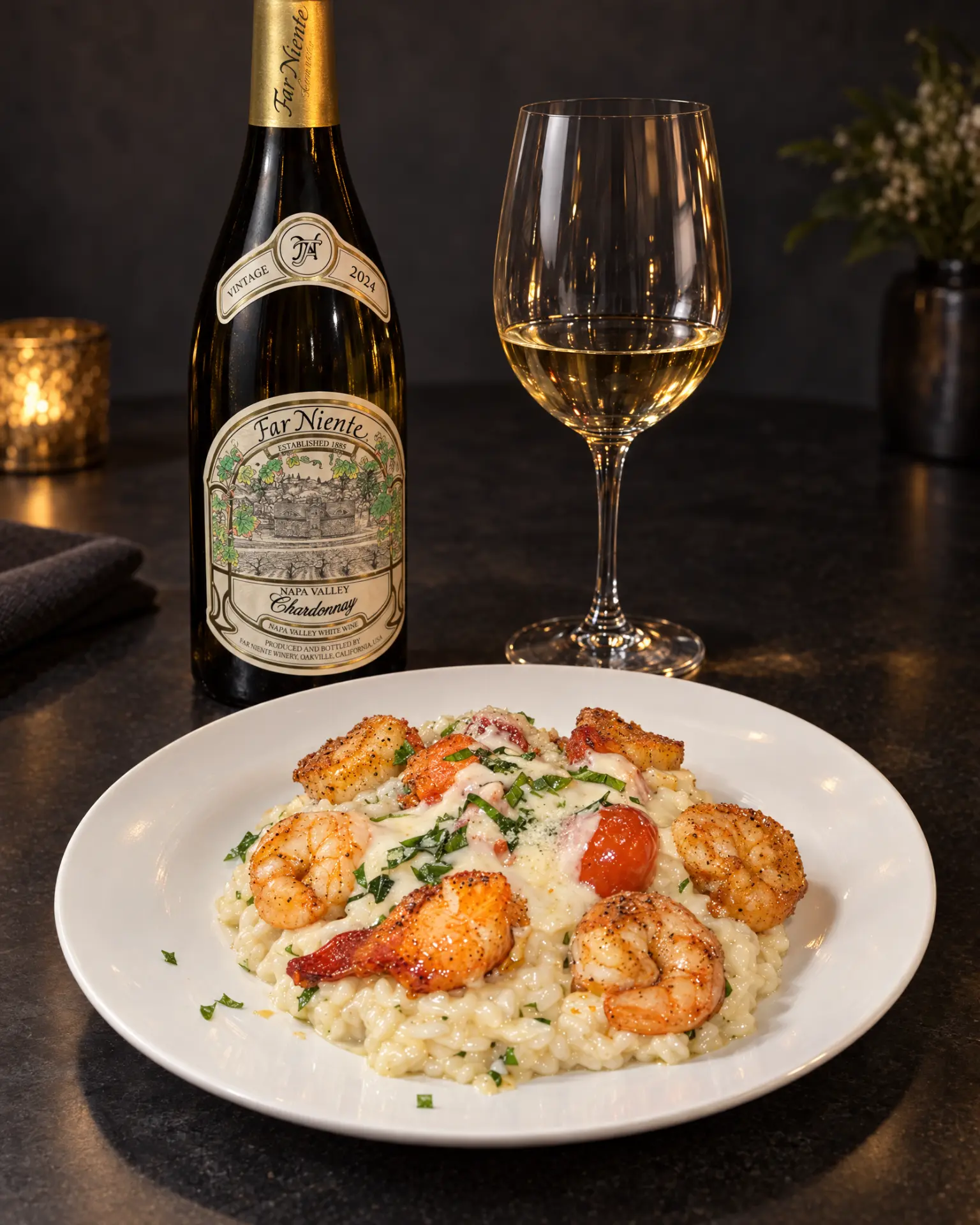 Shrimp and lobster risotto with a glass of Chardonnay at D'Vine Wine Bar